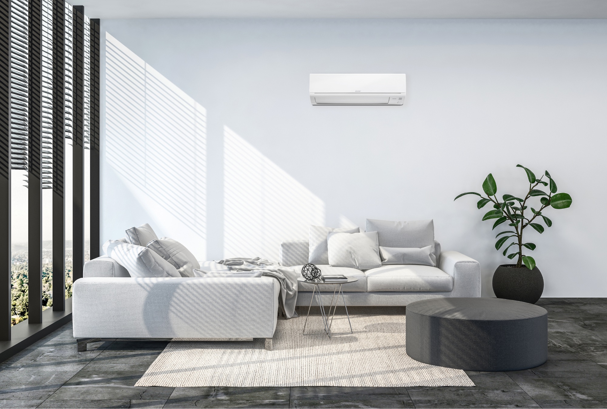 A modern living room with white furniture and a white air conditioner.
